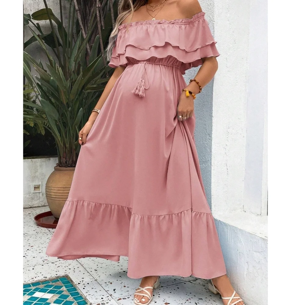 Maternity Off Shoulder ruffle Hem Stretchy Waist Maxi Dress - Picture 5 of 8
